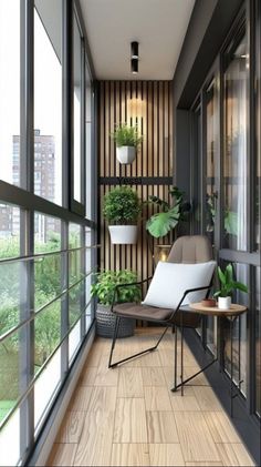 a balcony with chairs and potted plants on the wall, along with wooden flooring