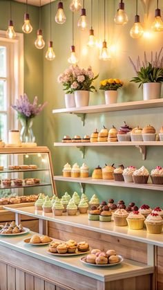 A cozy bakery interior with pastel-colored walls and twinkling fairy lights. The display case is filled with an assortment of cute cupcakes and pastries, while a chalkboard menu showcases the bakery's daily specials, creating a warm and inviting atmosphere. Organize Home Bakery, Bakery Set Up, Small Bakery Aesthetic, Bakery Decor Ideas, Baked Goods Display, Cupcake Shop Interior, Small Bakery Interior, Cute Bakery Aesthetic, Fairy Bakery