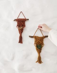 two wall hangings made out of rope with plants and leaves on them, one being held in the air by a person's hand