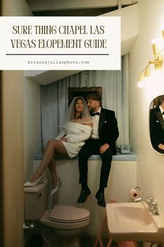 a man and woman sitting on a toilet in a small bathroom with the caption sure thing chapel las vegas's elephant guide