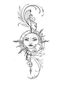 a drawing of a woman's face with sun and moon on it