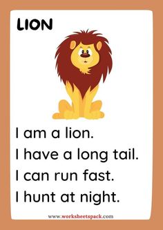 an animal reading book with the words lion and i am a lion, i have a long tail