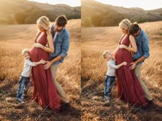 a man and woman are holding their baby boy while they stand in the middle of a field