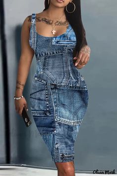 Olivia Mark - Chaleco con cuello en U estampado Cyan Casual - Un complemento versátil y chic para tu armario Denim Bodycon Dress, Bodycon Tank Dress, Elegante Y Chic, Sleeveless Dresses Casual, Dress Sleeve Styles, Blue Dress Casual, Body Con Dress, Casual Vest, Vestido Casual