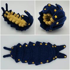 crocheted items made to look like stars and caterpillars are shown