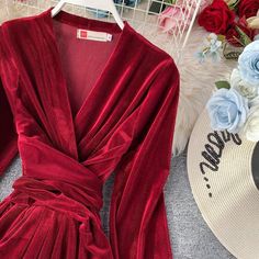 Vintage Long Sleeve V-Neck High Waist Velvet Dress Chic Velvet V-neck Cocktail Dress, Chic Long Sleeve V-neck Dress For Winter, Chic Red V-neck Dress For Fall, V-neck Long Sleeve Dress For Fall Night Out, Fitted Winter Dress With Surplice Neckline, Formal Mini-length V-neck Dress For Fall, Elegant V-neck Mini Dress For Winter, Fitted Velvet V-neck Cocktail Dress, Fitted Velvet V-neck Dress For Date Night