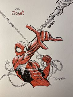 a drawing of spider - man hanging from a chain with his hands in the air