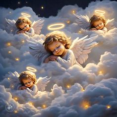 three angels in the clouds with halos and stars around them, surrounded by angel wings