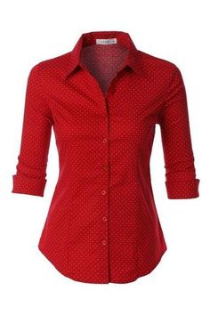 Red Polka Dot Button Down Shirt Red Button Up Shirt, Three Quarter Sleeve Shirt, Red Button Down Shirt, Red Long Sleeve Tops, Red Long Sleeve Shirt, Three Quarter Sleeve Tops, Red Button