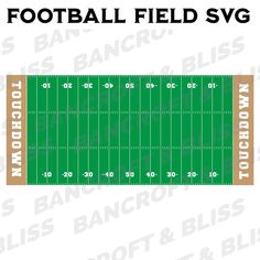 the football field is shown in green and brown with white numbers on it, as well as