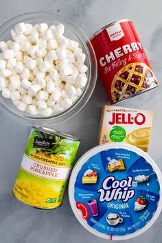 the ingredients to make this dessert include marshmallows, jello and pineapple