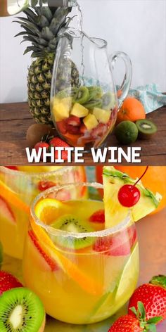 white wine with fruit in the pitcher and on the table next to it is an image of