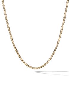 18-karat yellow gold. Chain necklace, 3.4mm. Lobster clasp. Imported. Classic Formal Necklace With Box Chain, Classic Formal Box Chain Necklace, Classic Yellow Gold Box Chain Necklace, Classic Rectangular Chain Necklace, Formal Box Chain Link Necklace, Formal Yellow Gold Box Chain Necklace, Luxury Box Chain Necklace With Rectangular Links, Yellow Gold Rectangular Box Chain Necklace, Rectangular Yellow Gold Box Chain Necklace