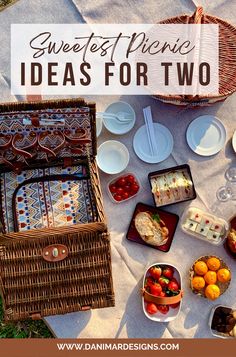 an assortment of food on a picnic blanket with the words sweetest picnic ideas for two