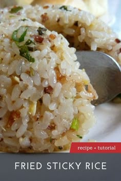 fried sticky rice on a plate with a spoon