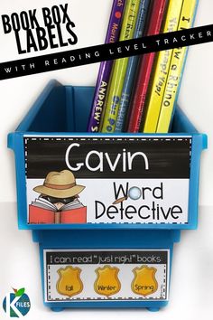 a book box with several books in it and the words cavin word detective written below