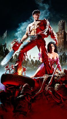 a movie poster with a man and woman holding swords