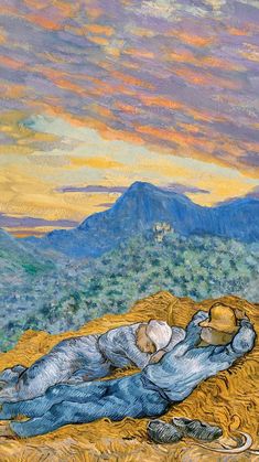 a painting of a man laying on top of a wheat field next to a mountain