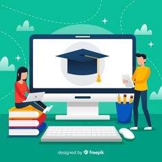 two people sitting in front of a computer screen with graduation cap on top of it