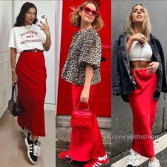 Red Satin Skirt Outfit Fall, Red Satin Skirt Christmas Outfit, Red Skirt Outfit Casual, Red Slip Skirt Outfit, Red Silk Skirt Outfit, Red Skirt Outfit Ideas, Red Satin Skirt Outfit, Long Red Skirt Outfit, Silk Skirt Outfit Summer