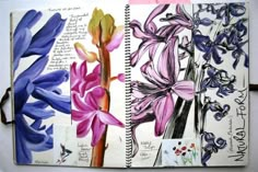 an open notebook with flowers and writing on the pages, along with other drawings in it