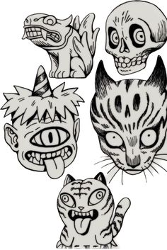 four different drawings of cats and skulls with faces drawn on the front, side, and back