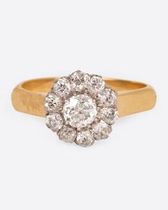 an antique diamond cluster ring in yellow gold