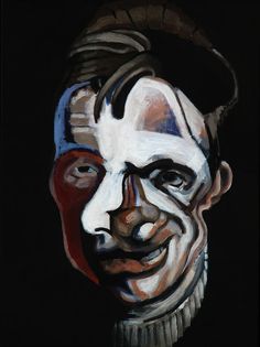 a painting of a man's face painted in black and white with red accents