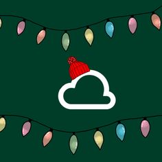 a green background with christmas lights and a red hat on top of a white cloud