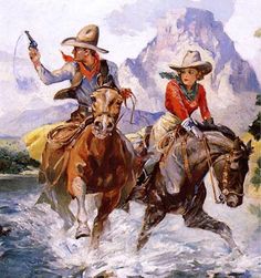 two people riding horses through water with mountains in the background