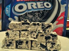 oreo marshmallows stacked on top of each other on a white plate