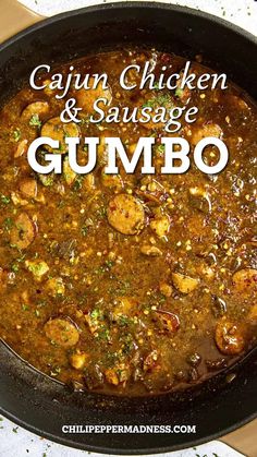 Cajun Chicken And Sausage Gumbo in a skilelt. Chicken And Sausage Gumbo Recipe, Cajun Cooking Recipes, Cajun Chicken And Sausage, Sausage Gumbo Recipe, Chicken Andouille Sausage, Chicken And Sausage Gumbo, Dark Roux, Jambalaya Recipe Easy