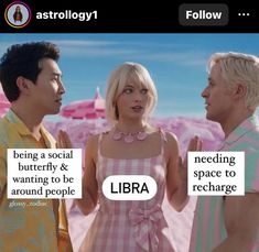 two men and a woman standing in front of each other with words above them that say libra