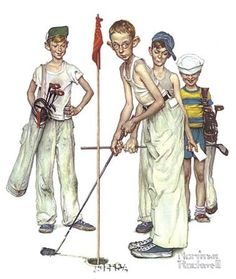 two boys and a girl are standing next to each other holding golf clubs, while one boy holds a red flag