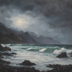 an oil painting of waves crashing on the rocky shore with mountains in the back ground