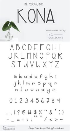 the font and numbers for kona are shown in black ink on white paper with green leaves