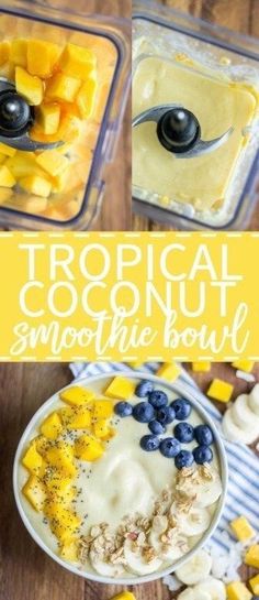 tropical coconut smoothie bowl with bananas and blueberries