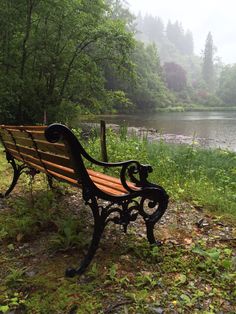 a wooden bench sitting on top of a grass covered field next to a lake and forest