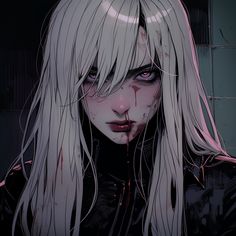 a woman with long white hair and blood on her face is staring at the camera