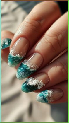 Christmas Nail Art Inspiration for Short Nails Step Up Your Christmas 2023 | Winter Nail Inspo Aquatic Nail Designs, Waves Nails Design, Nails Ideas Summer Blue, Sea Shell Nail Designs, Summer Nails Designs 2024, Wave Nails Design, Ocean Nails Designs, Surfer Nails, Sea Nails Designs