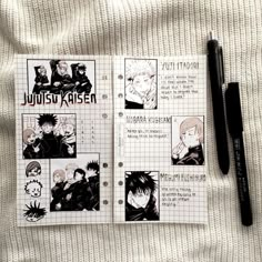 an open notebook with anime characters on it next to a pen and paper clipping