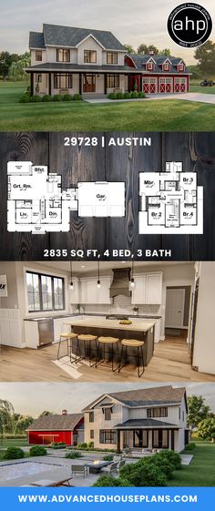 two story house plan with 3 beds, 2 baths and an open floor plan in the middle