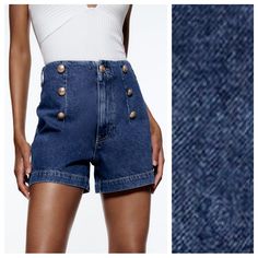 Nwt. Zara Blue Z1975 Denim High Rise Shorts With Decorative Golden Buttons On The Front, Patch Pockets On The Back, Zipper And Button Closure. Size 12. Ref. 6147/082. Waist 15,5" Flat, Rise 13", Inseam 4". C. Dark Wash Denim Shorts With Belt Loops, Blue Denim Shorts With Belt Loops, Dark Wash High Waist Denim Shorts, Denim Blue Short Length Jeans With Belt Loops, Washed Blue High Waist Denim Shorts, High Waist Washed Blue Denim Shorts, Blue High-rise Jean Shorts With Belt Loops, High-waist Washed Blue Denim Shorts, Blue Denim Jean Shorts With Belt Loops