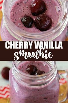 cherry vanilla smoothie in a mason jar with cherries on top and text overlay