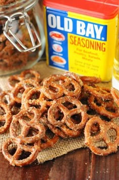 old bay seasoning sits next to some pretzels