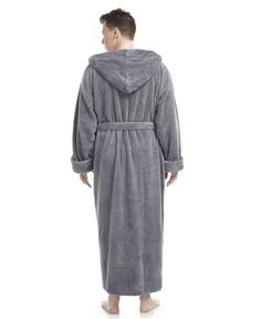 This hooded robe is designed for customers looking for softness and comfort all the way down to your ankles in a men's robe and it is Cozy and warm also, it is perfect for lounging at home, taking an afternoon nap or walking around the house. Hooded Robe, Men's Robes, Ankle Length, Grey