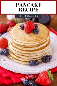 a stack of pancakes with berries on top and the words, how to make pancake recipe