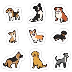 six different colored dogs stickers on a white background