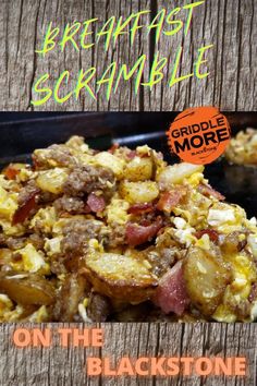 the cover of breakfast scramble on the blackstone is shown with an image of scrambled eggs and bacon