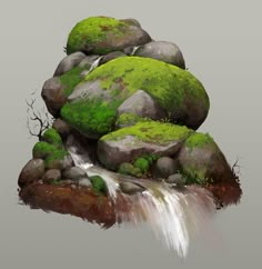 a rock with moss growing on it and water running down the rocks in front of it